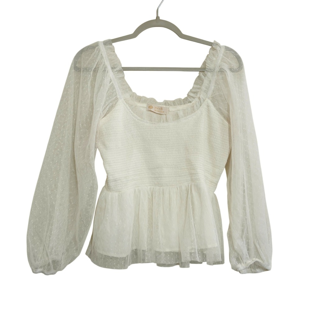 Leela & Lavender White Swiss Dot Mesh Smocked Peplum Top Long Sleeve Romantic